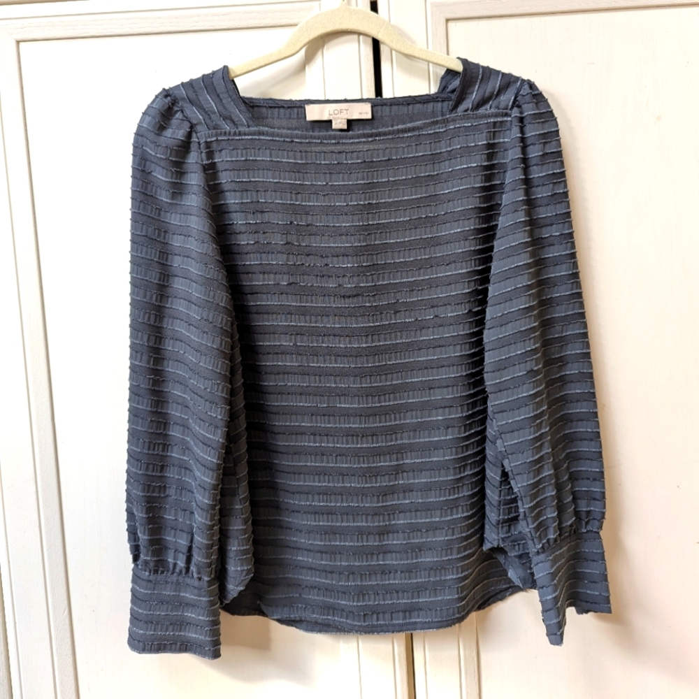 Loft Womens Grey Striped Long Sleeve Square Neck Pullover Blouse